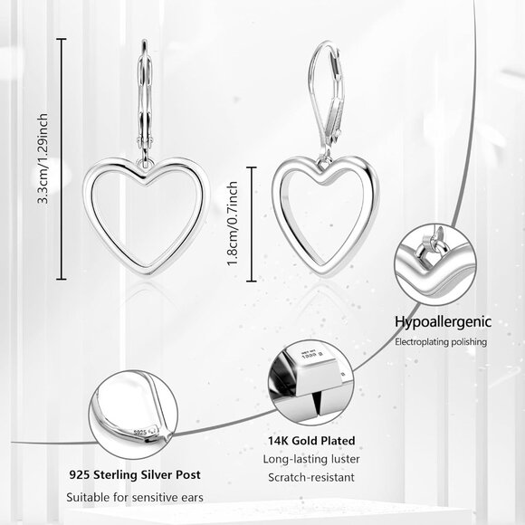 🆕Women Silver B Plated Openwork Love Heart Dangle Earrings Drop Hypoallergenic